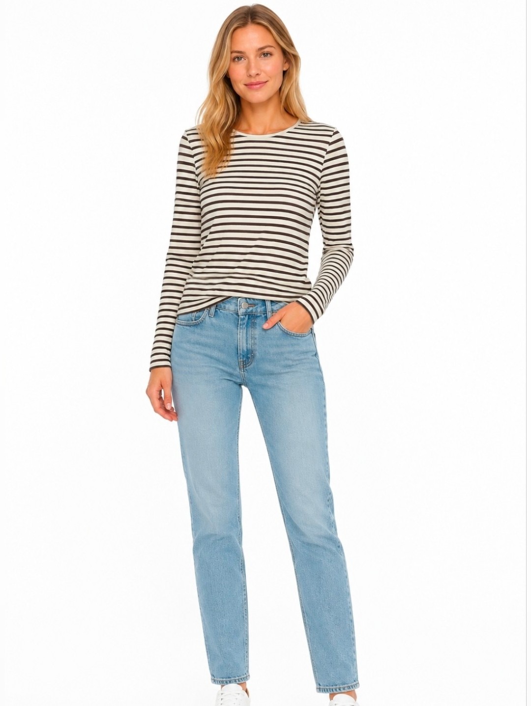 Susina Olive/Brown And Cream Striped Crew Neck Long-Sleeve Tee, Size S